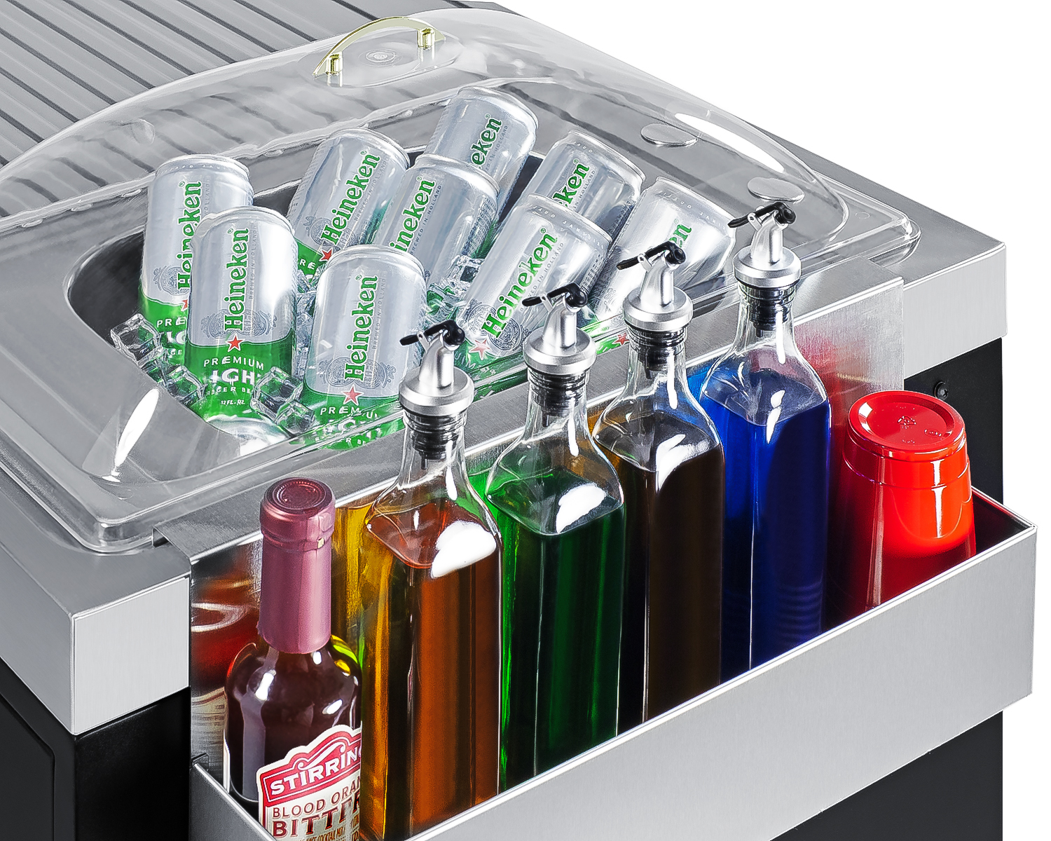 Mobile outdoor serving station with refrigerator, sink, storage cabinet, and slide-out waste bins